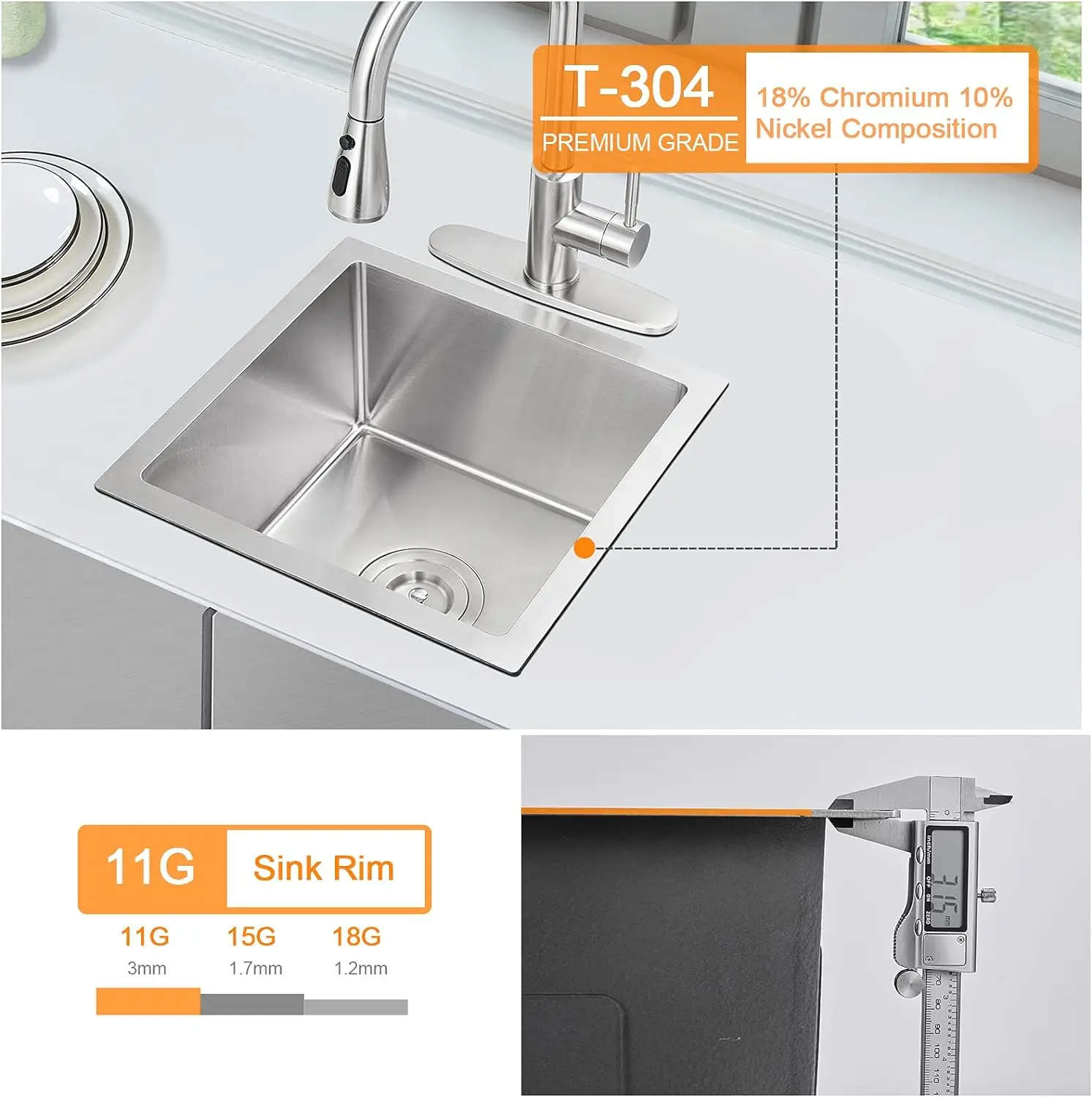 ROVATE Bar Sink ROVATE 15 x 15 inch Undermount Kitchen Sink Handmade Single Bowl T-304 Stainless Steel Small with Strainer