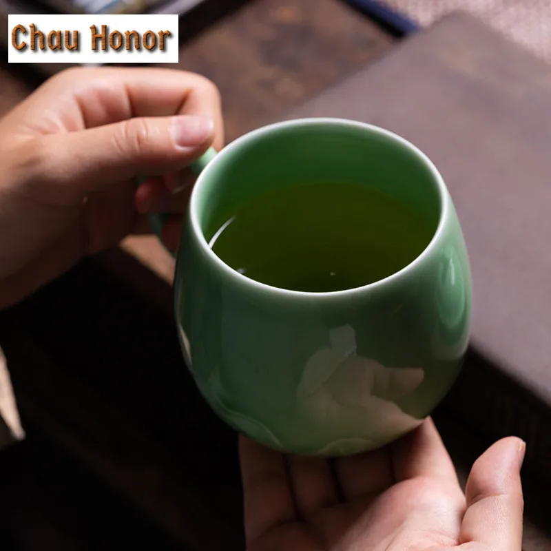 380ml Longquan Celadon Lotus Coffee Mug Boutique Cappuccino Latte Cup Afternoon Tea Mug Personal Office Water Cup Tableware Gift