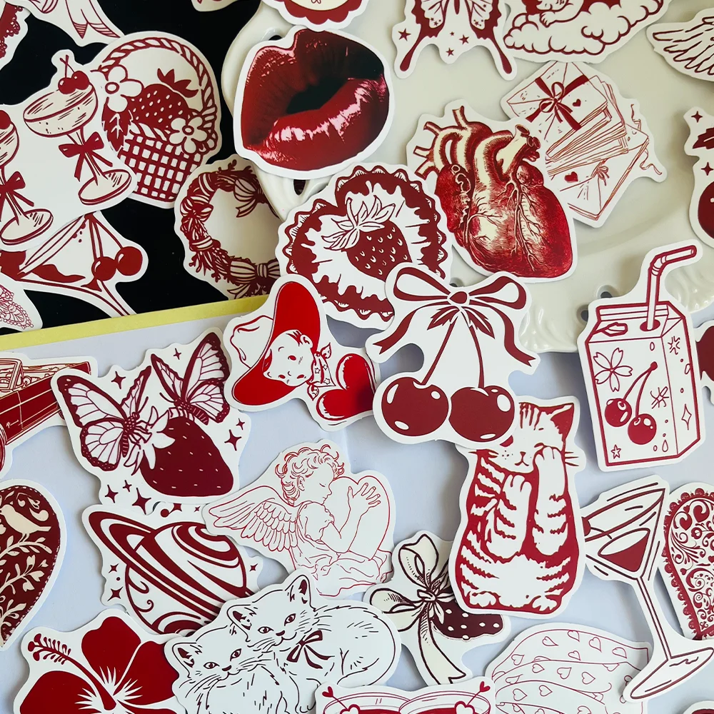 50PCS 빈티지 레드 발렌타인 데이 스티커 DIY 장식 스티커 스크랩북 노트북 수하물 컵 전화 케이스 인기 스티커