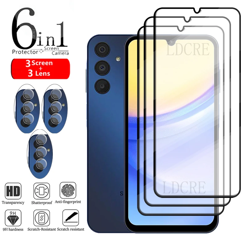 6 In1 Cover Glass Per Samsung A15 Glass Samsung A15 Full Glue 9H Screen Protector Samsung Galaxy A05 A05S A35 A15 A25 Lens Glass