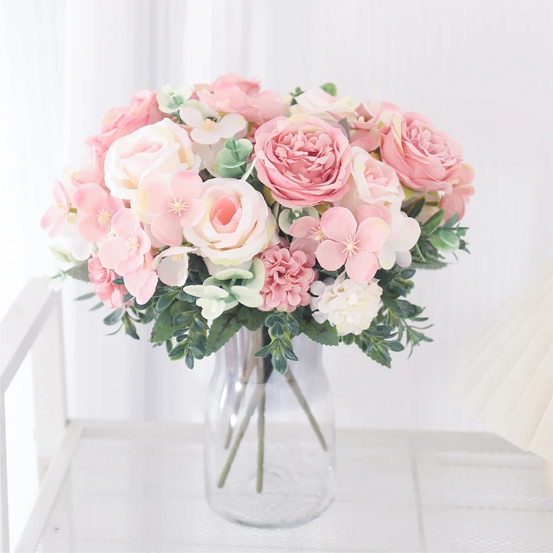 Artificial Flowers Silk Pink Peony Hydrangea Bride Bouquet Room Home Christmas Table Decorations Party Wedding Rose Fake Plants