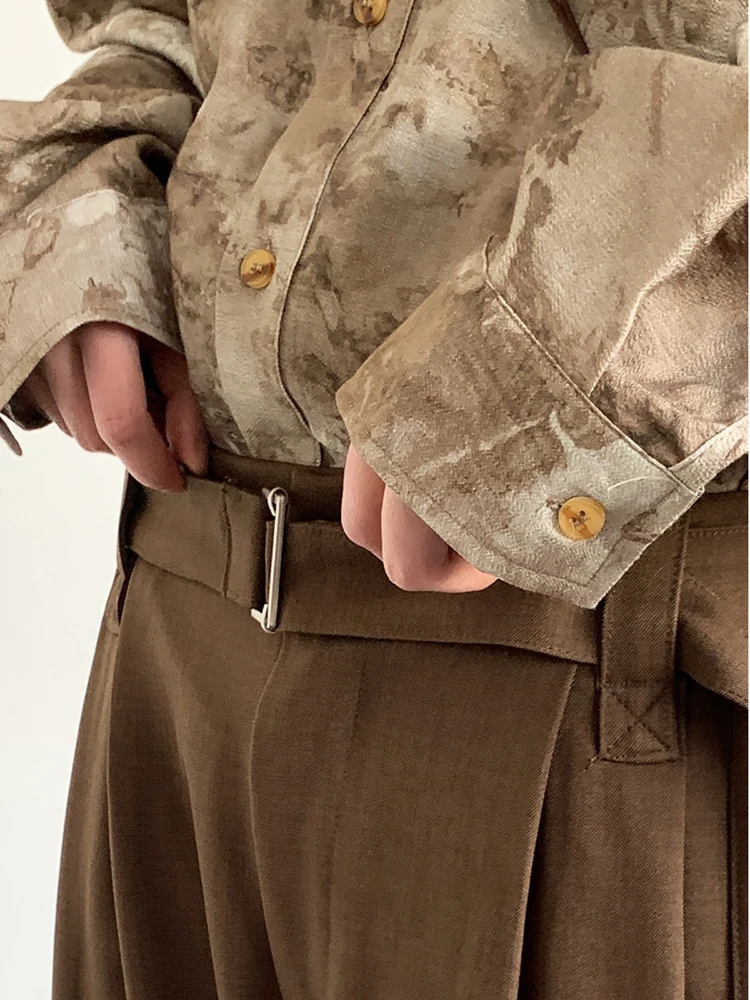 Mauroicardi Spring Autumn Long Coffee Flowy Baggy Wide Leg Pants for Mens Belt Korean Fashion Loose Casual Soft Trousers 2024 4