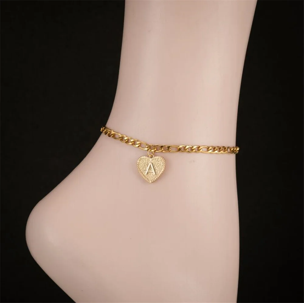 

Casual Initial Letter Anklet For Women Gold Color Stainless Steel Figaro Chain Heart Ankle Bracelet Woman Beach Jewelry 2022