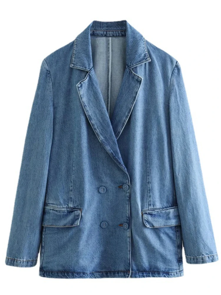 

Fitaylor New Spring Autumn Women Vintage Denim Blazers Lady Fashion Lapel Double Breasted Jean Jacket Casual Solid Color Outwear