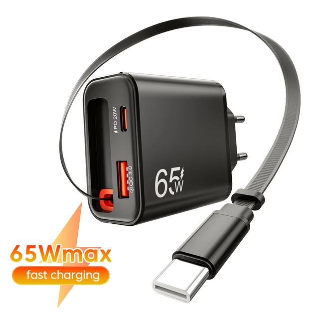 65W Super Fast Charge Type C USB Phone Charger With Retractable USB C Cable For Iphone 17 16 15 Samsung POCO Xiaomi 1