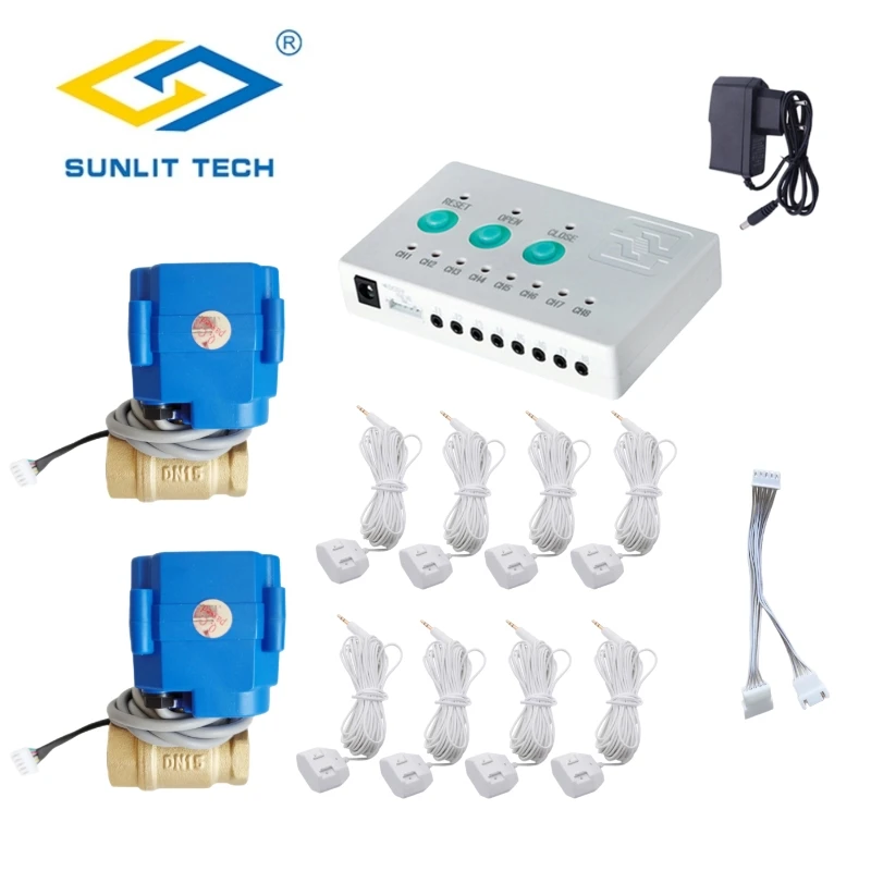 

Smart Crane Water Leakage Sensor Leak Overflow Detector with 2pcs DN15 Valves 8pcs Sensor Cable for Alarm Security Protection