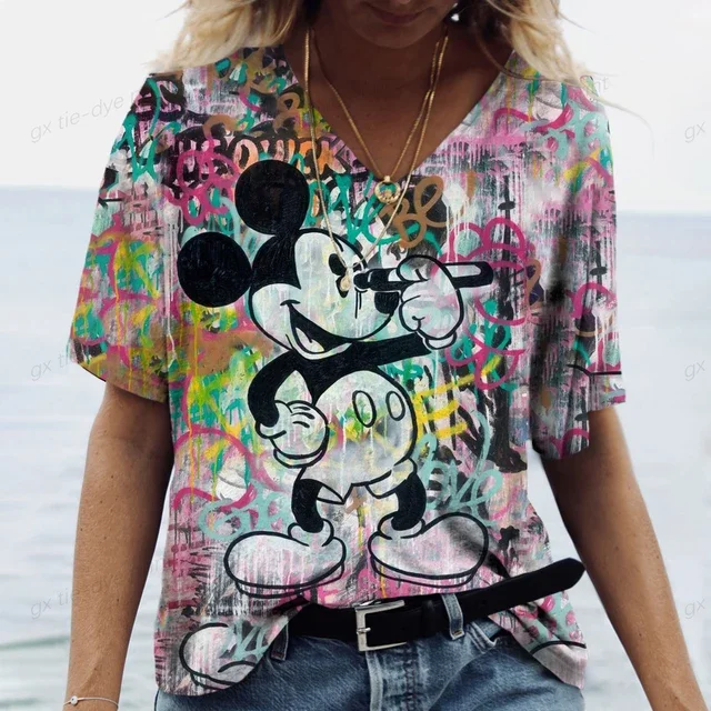 Camiseta de mujer con estampado de dibujos animados de Disney Mickey Mouse, holgada, de verano, de manga corta, con cuello en V, estilo kawaii, ropa de feminidad