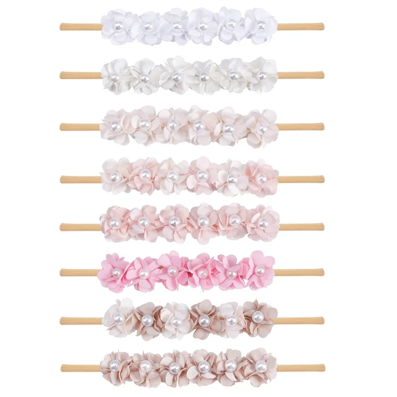 24pc/lot Cute Pearl Flower Headband Baby Girls Rhinestone Flower Nylon Headband Kids Beaded Floral Headbands Hair Accessories plain rhinestone pearl floral modal jersey hijab shawl high quality wrap elastic polyester stole bufandas muslim hijabs 170 70cm