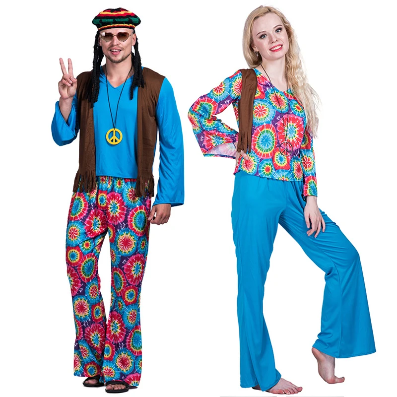 

Hippie Costume 1960s Fancy Dress Up Groovy 1970s Retro Blue Hippy Disco Outfit for Adult Mens Womens