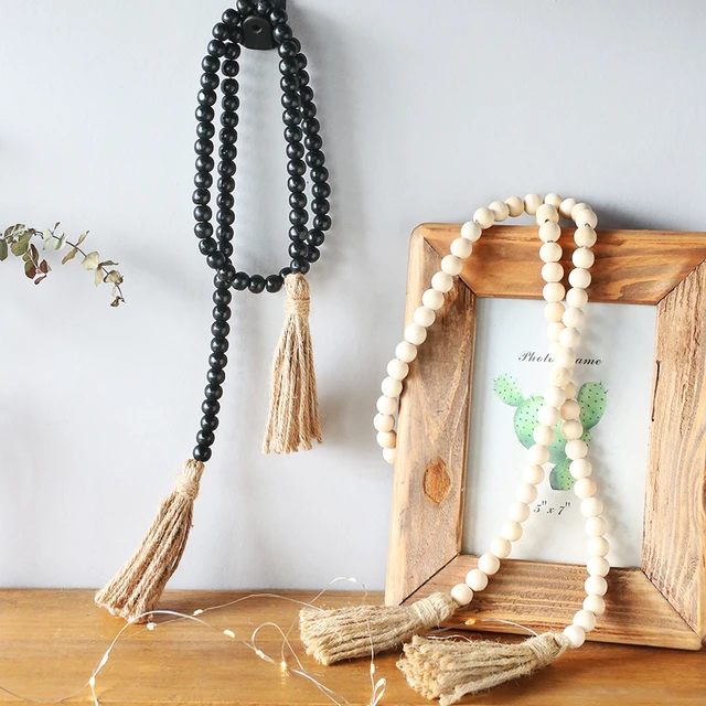 Wood Bead Garland with Tassels Rustic Home Decor Wooden Beads Garland for  Curtains Wall Decor Hanging