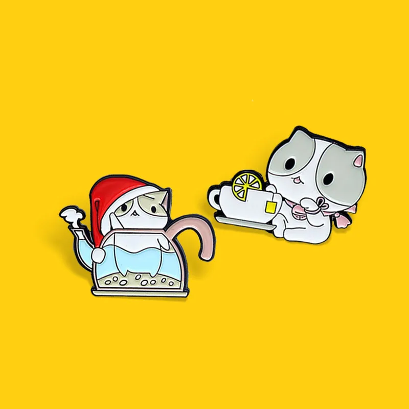 

Cartoon Cat Kitten Brooch Teacup Teapot Lemon tea Cat Enamel Pins Button Denim Brooches Badge Animal Jewelry Gift for Kids