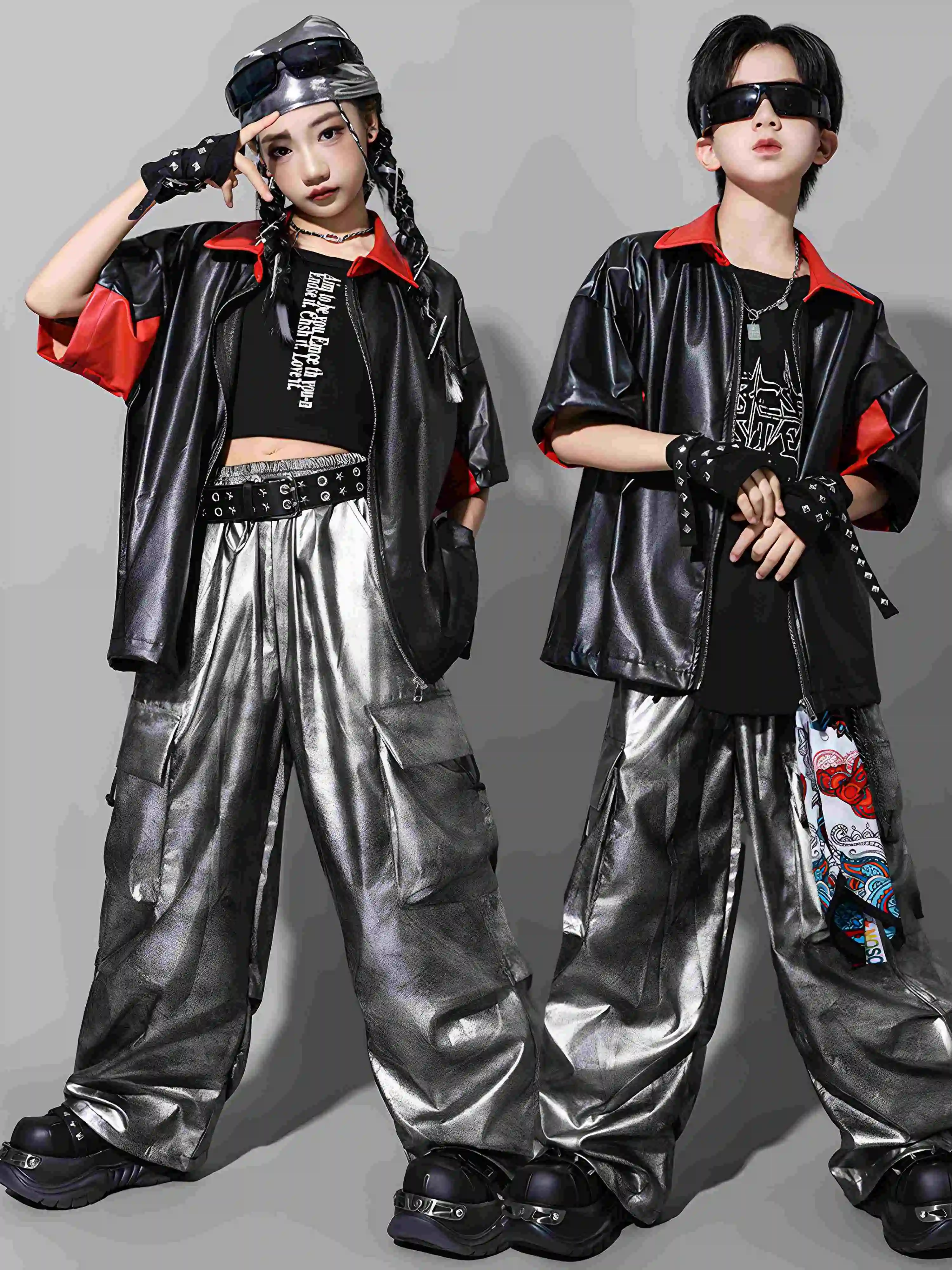 Cool Hip Hop Dance Black Leather Tops Silver Pants Kids Jazz Dance Costume  Boys Street Wear Girls Stage Performance Wear L16401 - AliExpress, image size:3000x4000