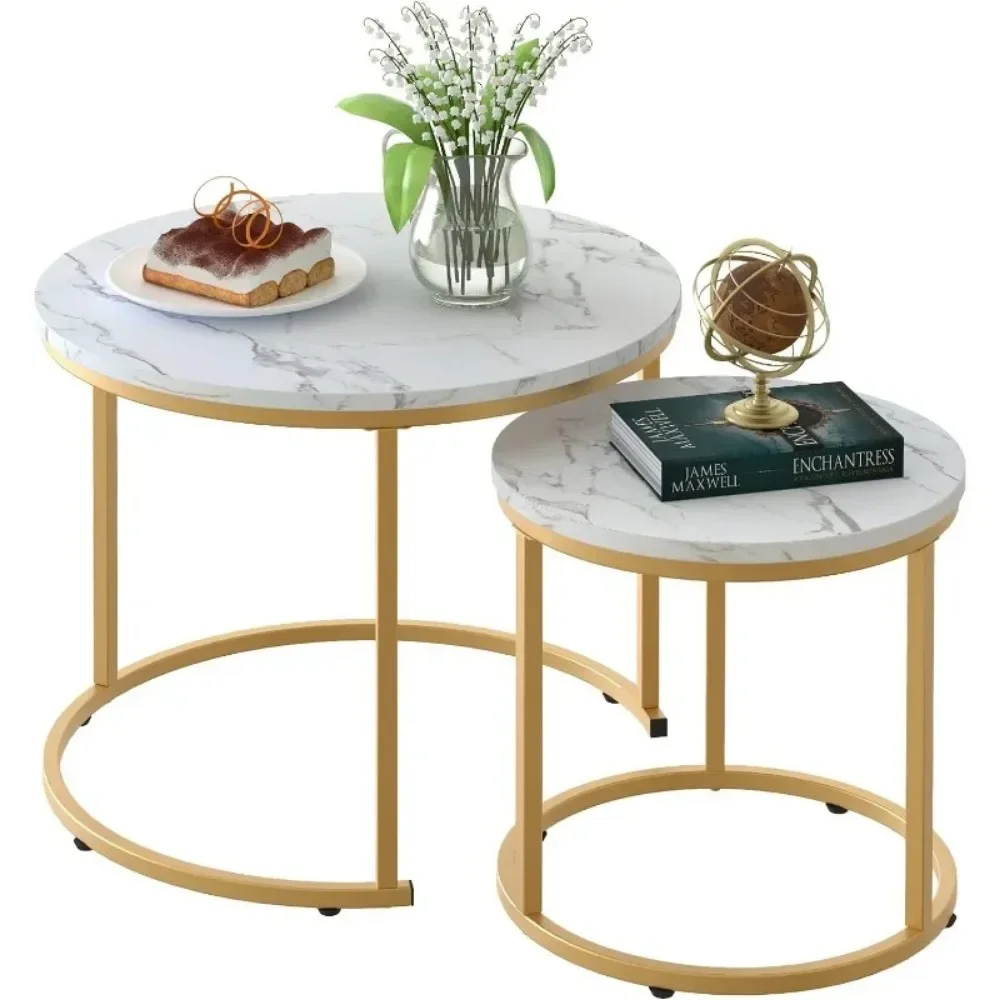 Coffee Table Nesting White Set of 2 Side Set Golden Frame Circular Round and Marble Pattern Wooden Tables 2