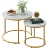 Coffee Table Nesting White Set of 2 Side Set Golden Frame Circular Round and Marble Pattern Wooden Tables 2