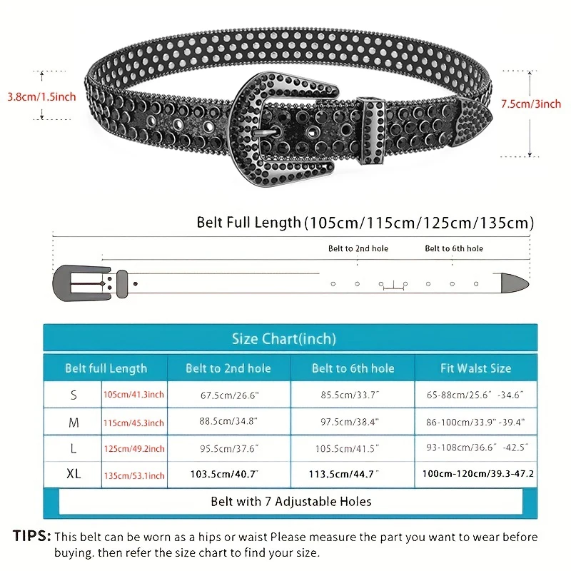 Men's Jeans Rhinestone Large Size Belt Women's Belt Western Denim Shiny Rivet Design Leather HipHop Punk Rock Y2K Style Belt