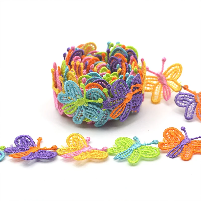 15yards Colorful Daisy Flower Embroidery Lace Butterfly Embroidered Water-Soluble Lace DIY Hat Clothing Decorative Accessories