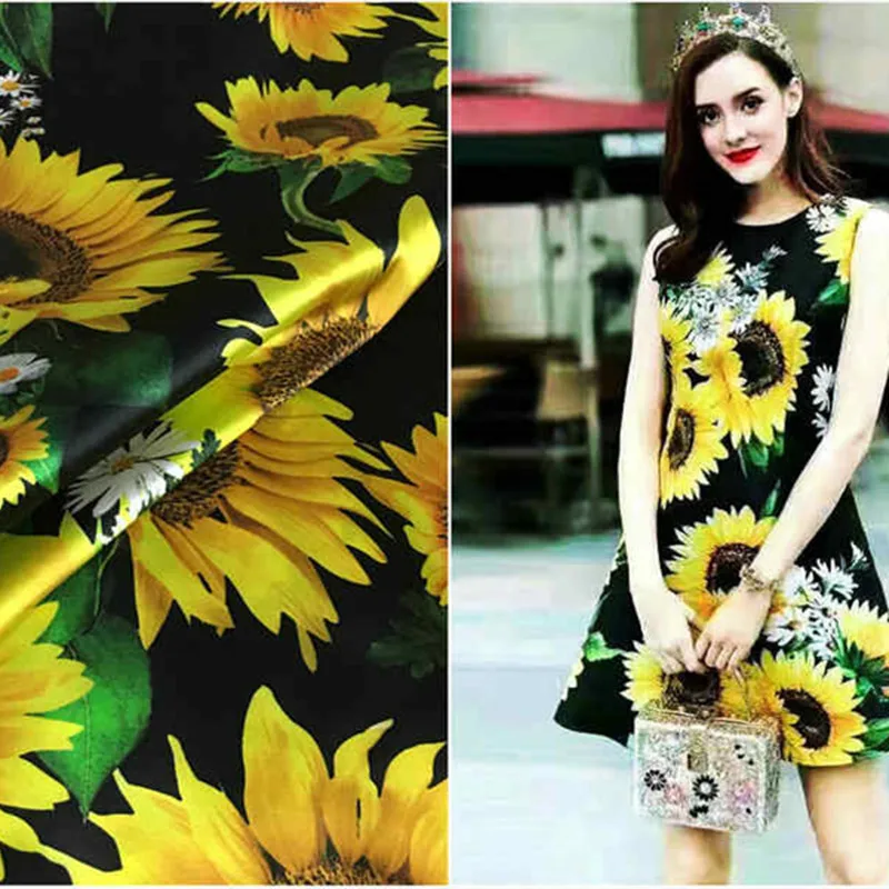 

New Heavyweight Silk Stretch Satin Fabric Sunflower Spray Print Dress Cheongsam Mulberry Silk Fabric Charmeuse Eco-Friendly Div