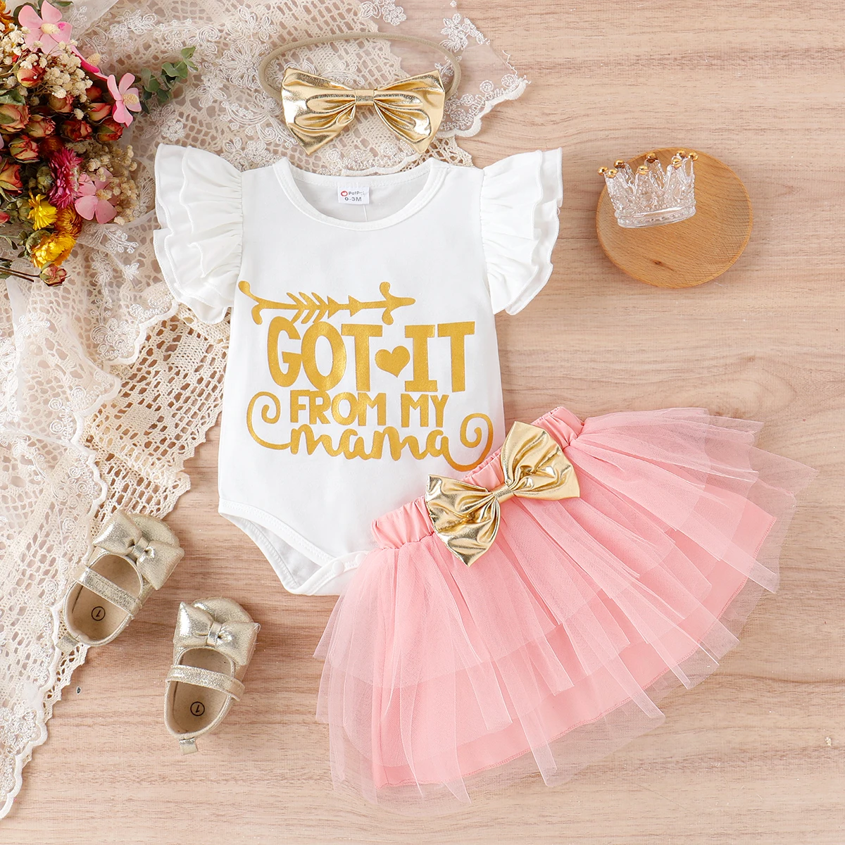 

PatPat 3pcs Baby Girl 95% Cotton Letter Print Flutter-sleeve Romper and Layered Mesh Skirt & Headband Set