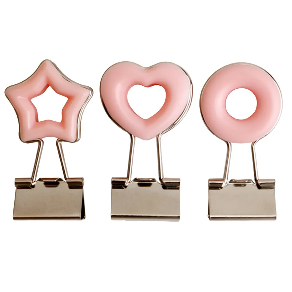 3Pcs 금속 핸드 계정 클립 사랑스러운 하트 스타 모양 친환경 사무실 책상 주최자 장식 폴더 클립 핑크
