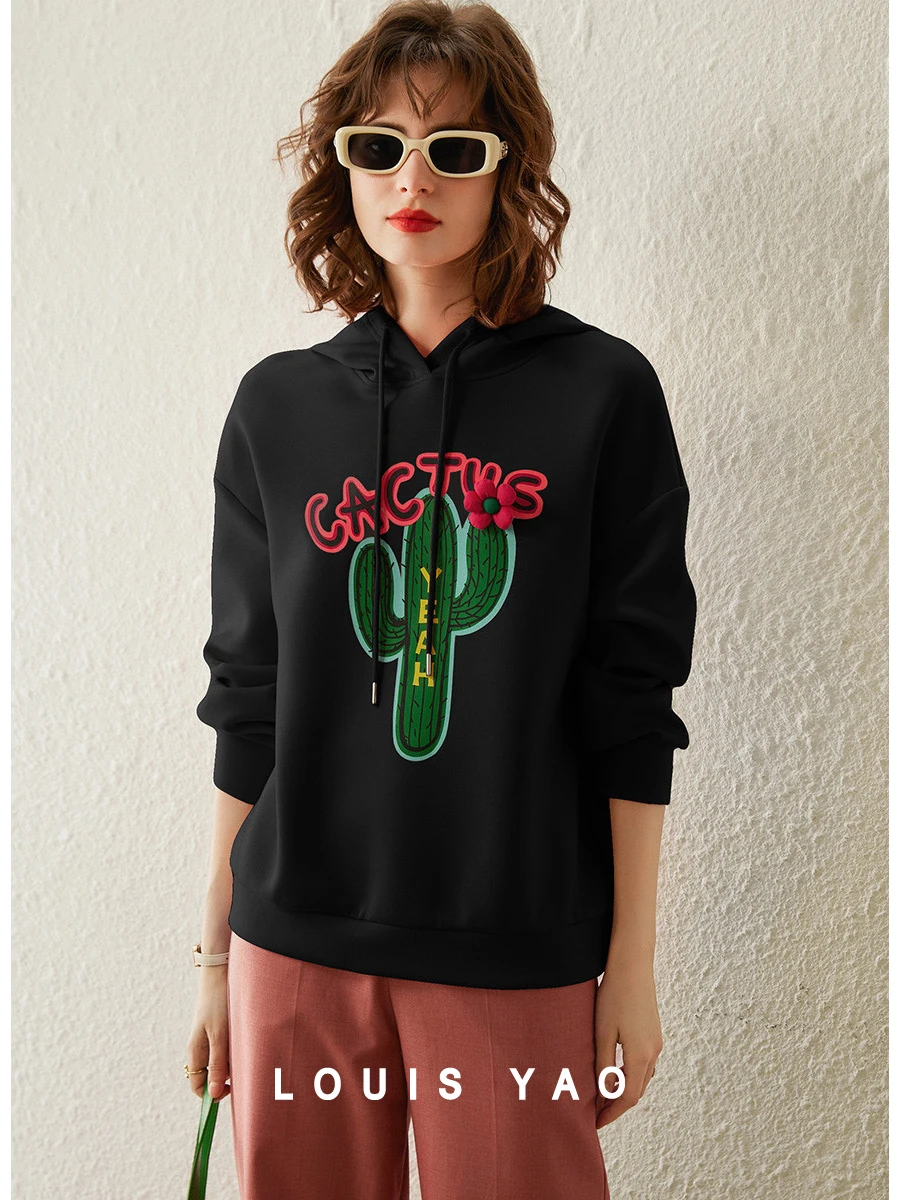 LOUIS YAO Women Sweatshirt Hoodie 2024 Spring New Long Sleeve Loose Fit Print Letter Pullover Detachable Flower Casual Tops manufacturer s simple and handmade floor to floor rattan woven flower pots wooden shelves balcony indoor detachable