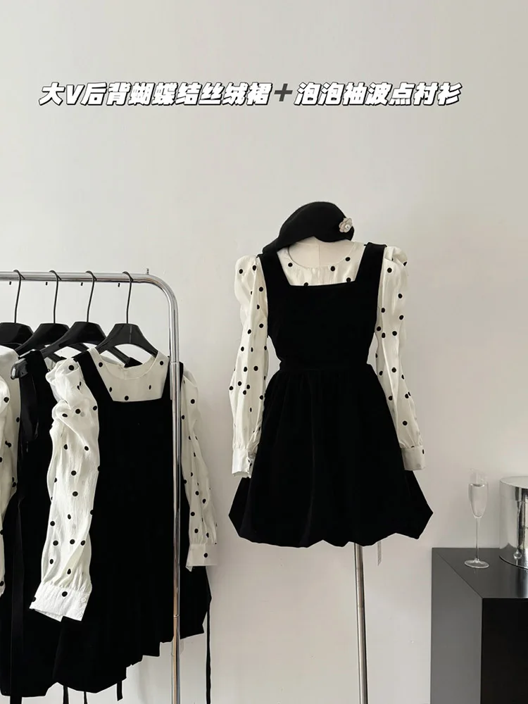 

Bow Velvet Short Dress+Round Necked Bubble Sleeved Polka Dot Shirt Fashion Two-piece Set Autumn and Winter New