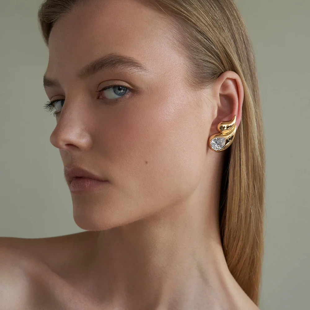 New Design Stainless Steel Anti-Tarnish Geometric Double Layer Water Drop Earrings Teardrop Crystal Zircon Women Vintage Jewelry