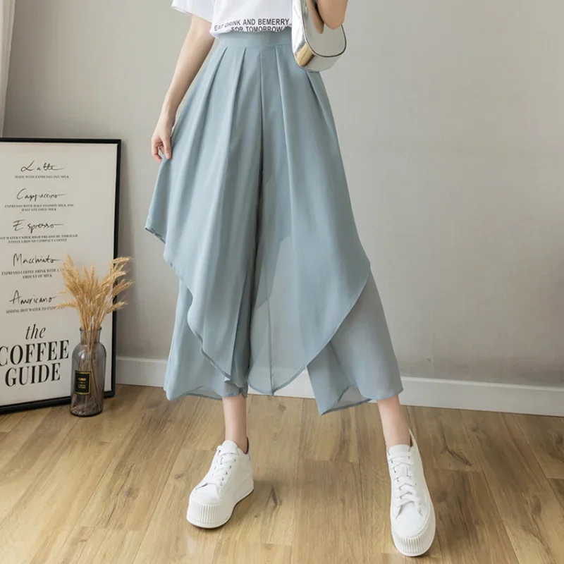 Women Casual Solid Elastic High Waist Pleated Pants 2024 Fashion Asymmetrical Chiffon Wide Leg Pant Summer Loose Skirt Trousers