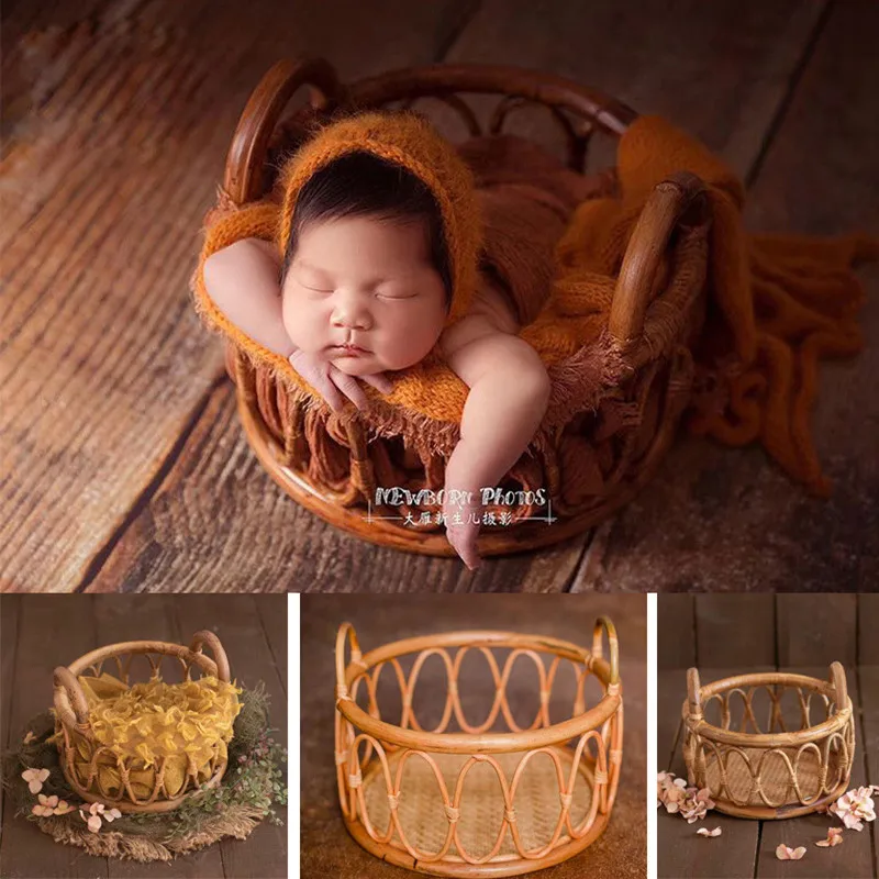 Newborn Photography Props Retro Rattan Round Basket Photo Accesories