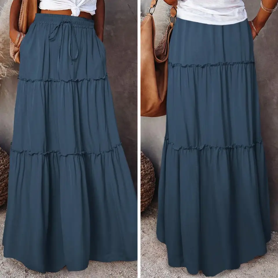 Maxi Rok Dames met Elastische Hoge Taille Lang Zomerrok met Ruches en A-lijn 2 in 1 Bohemian Effen Rokken (Wit,M