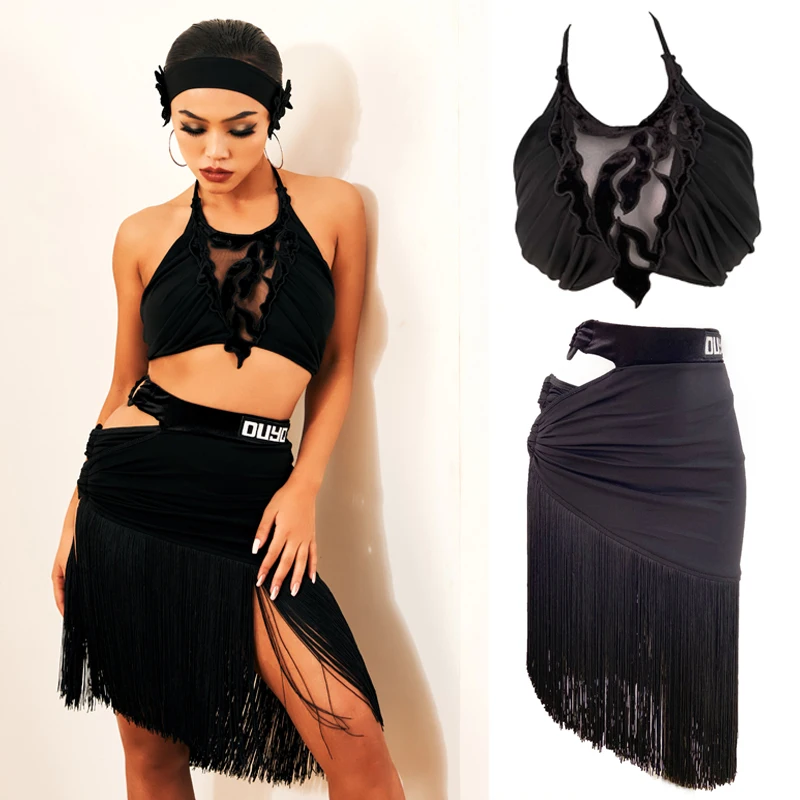 

Summer Sexy Short Suspender Latin Top Hollow Fringed Skirt Female Latin Dance Costume Ballroom Dance Competition Clothes SL6486