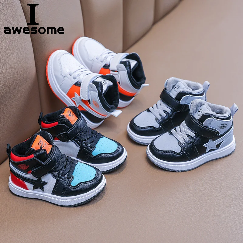 Fashion Children Winter Sneakers Autumn Boys Girls Middle Cut Cotton Velvet Warm Sports Running Shoes Baby Soft Microfiber Shoe