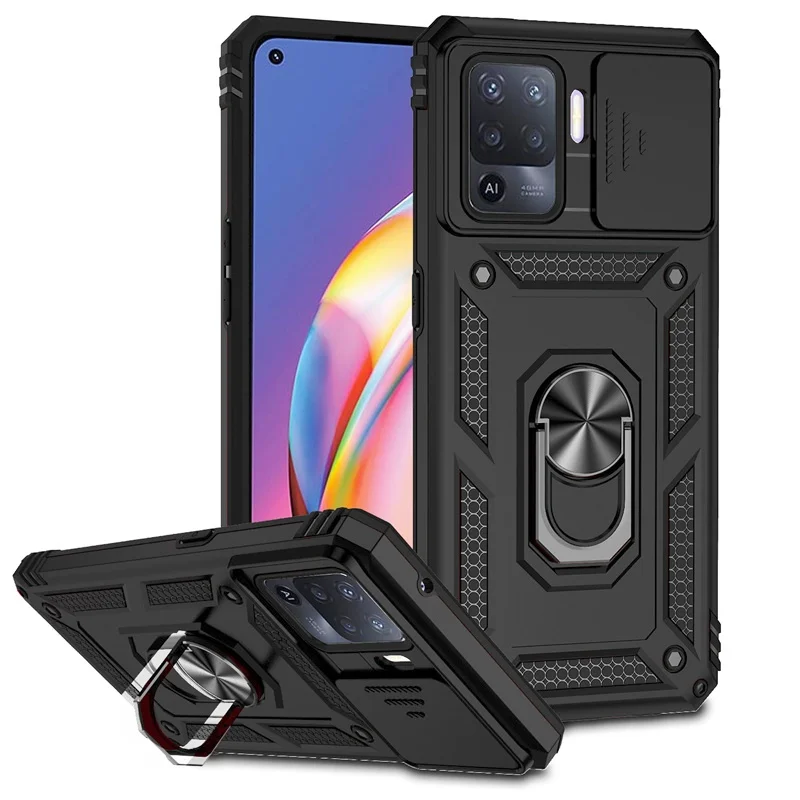 Shockproof Armor Case with Metal Ring Holder and Slide Lens Protector Cover