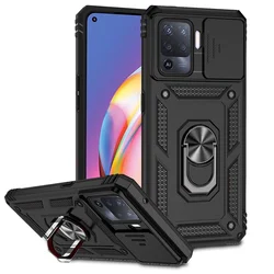 Shockproof Armor Case with Metal Ring Holder and Slide Lens Protector Cover - OPPO Reno 5F (Black)