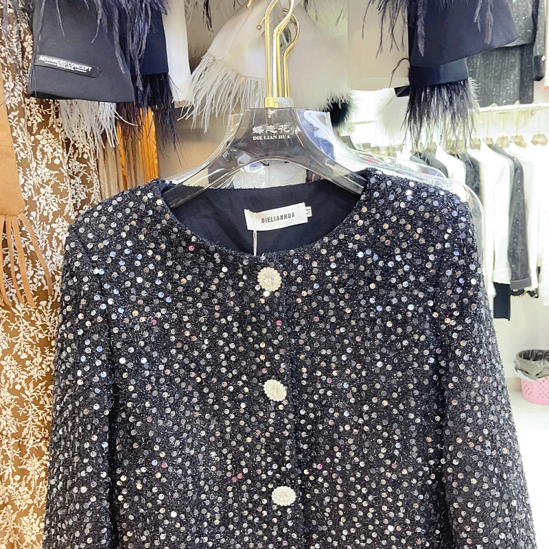 Retro Office Lady Single-Breasted Short Coat Autumn Winter Elegant Sequins Fur Stitching Long Sleeve Round Neck Jacket Women
