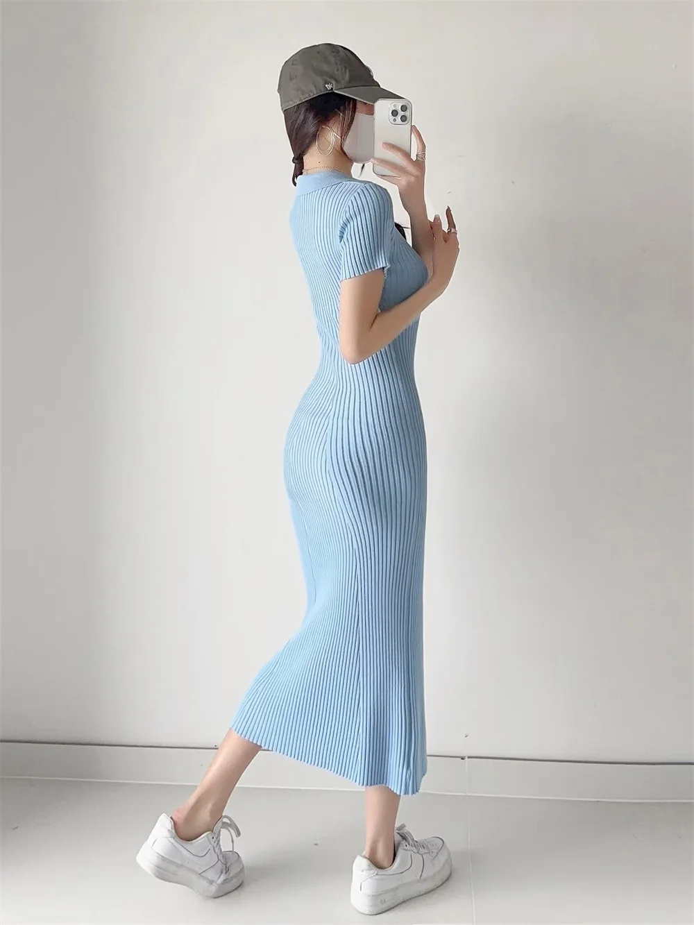 Ribbed High Waist Slim Maxi Dress For Women Knitwear Lapel Casual Elegant Party Dress Gown Fashion Short Sleeve Knit Dress