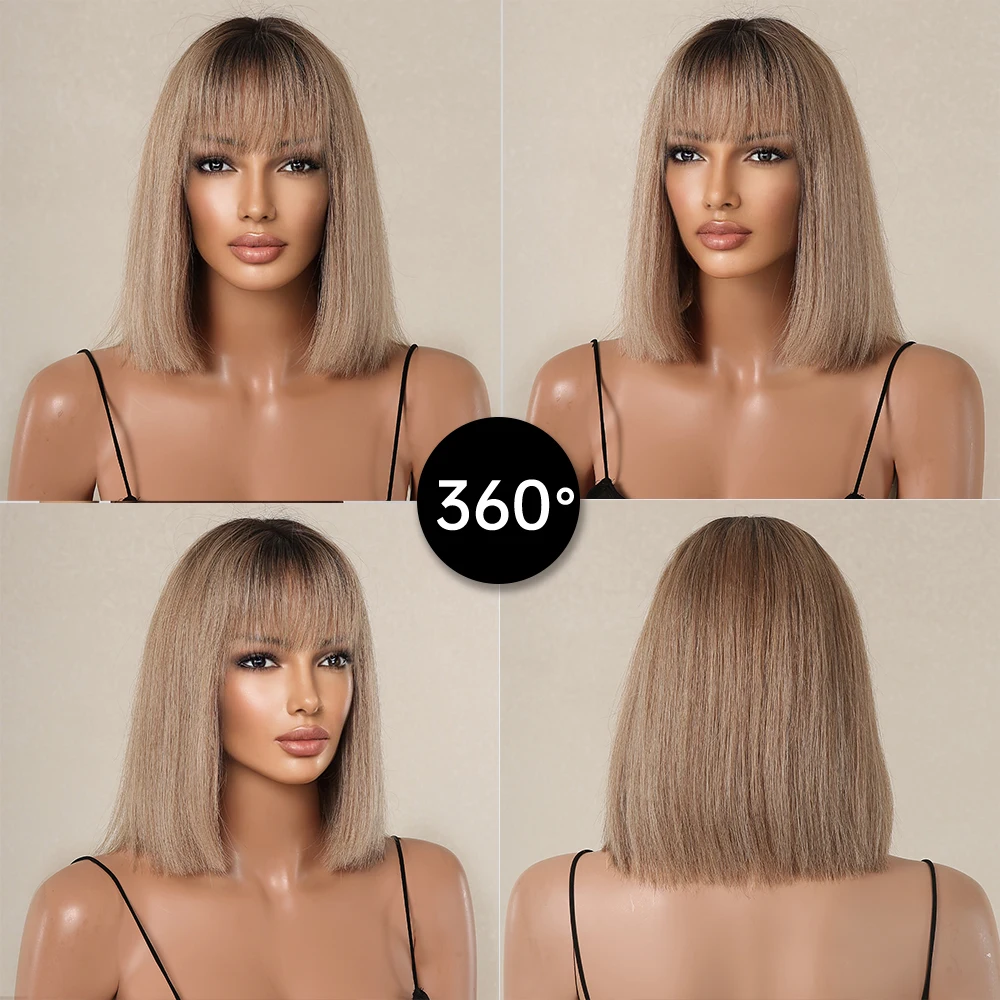 Human Hair Wigs Brown Blonde Remy Bob with Full Bangs Dark Root 10inches Straight for White Women