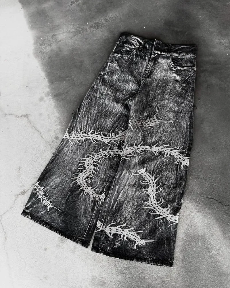 Gothic Retro Centipede Pattern Washed Oversized Loose Jeans