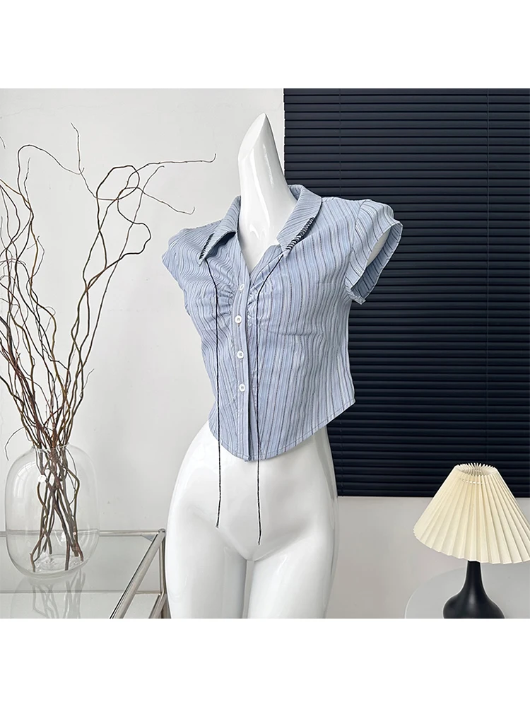 Summer Korean Fashion Vintage Striped Shirts Short Sleeve Blouses Single-breasted Crop Top 2000s Aesthetic Gyaru Kawaii Design