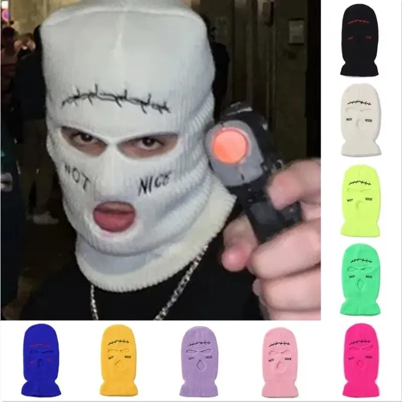 NOT NICE Stickerei Vollgesichtsbedeckung Skimaske Hüte 3-Loch-Sturmhaube Winddichte Unisex-Mütze Outdoor-Sport Taktische Cs-Strickmützen