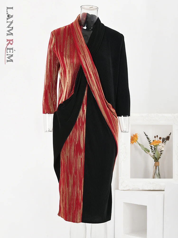 

LANMREM Contrast Color Spliced Pleated Dress Women V Neck Irregular Design Slim Dresses Elegant Party 2024 Spring New 32A618