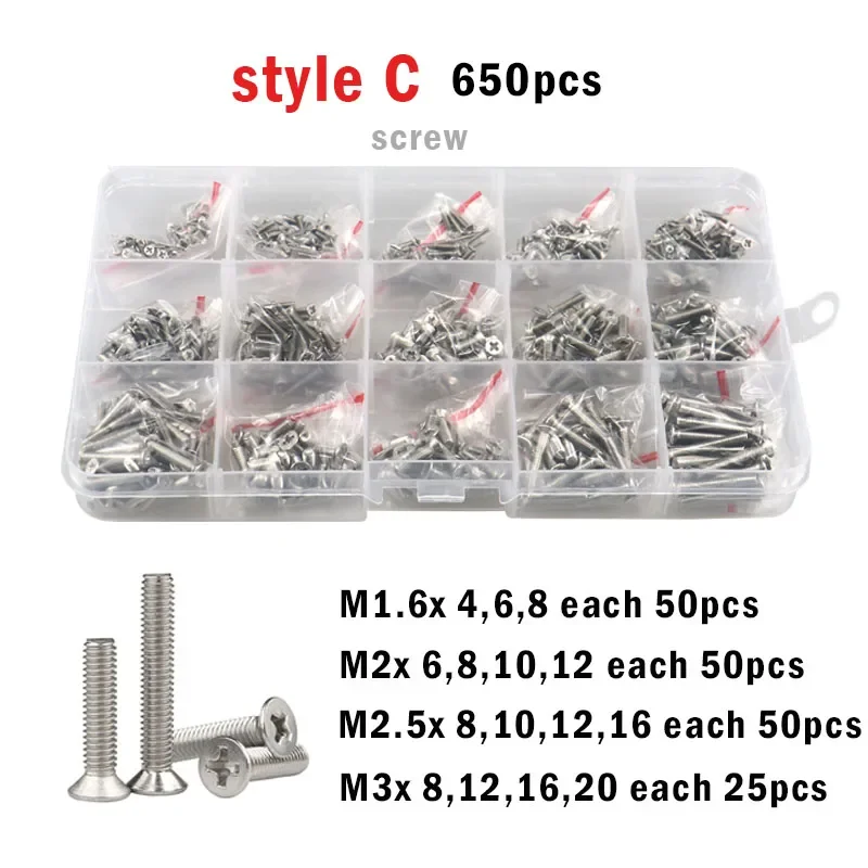 304 스테인리스 스틸 볼트 크로스 필립스 플랫 카운터 싱크 헤드 나사 너트 와셔 세트 키트 박스, M1.6 M2 M2.5 M3 M4 M5, 2100-250 개