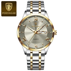 Luxury Men's Waterproof Stainless Steel Watch with Luminous Display and Date Function (978 Gold Grey)