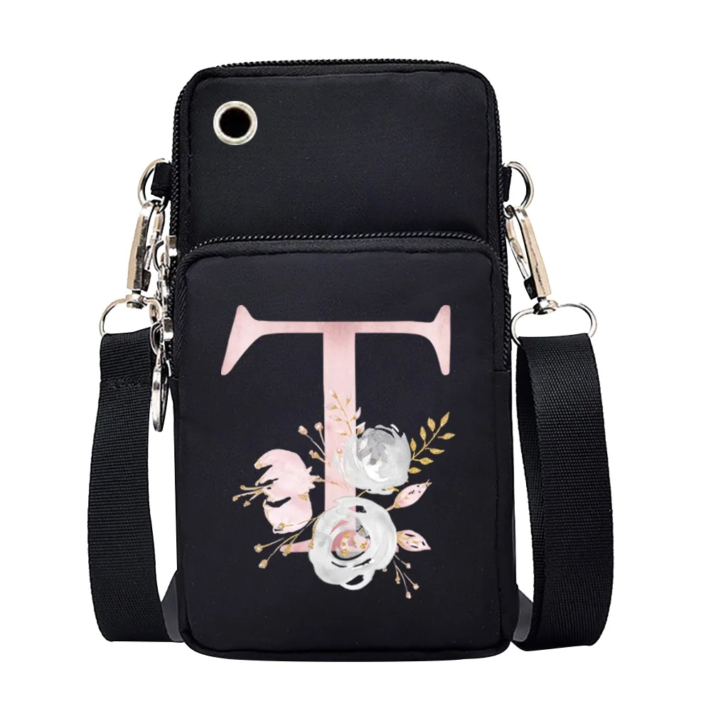 Waterproof Mobile Phone Bag for Iphone/huawei/xiaomi/samsung Universal Pink Flower 26 Letters Cell Phone Case Women Wrist Pack