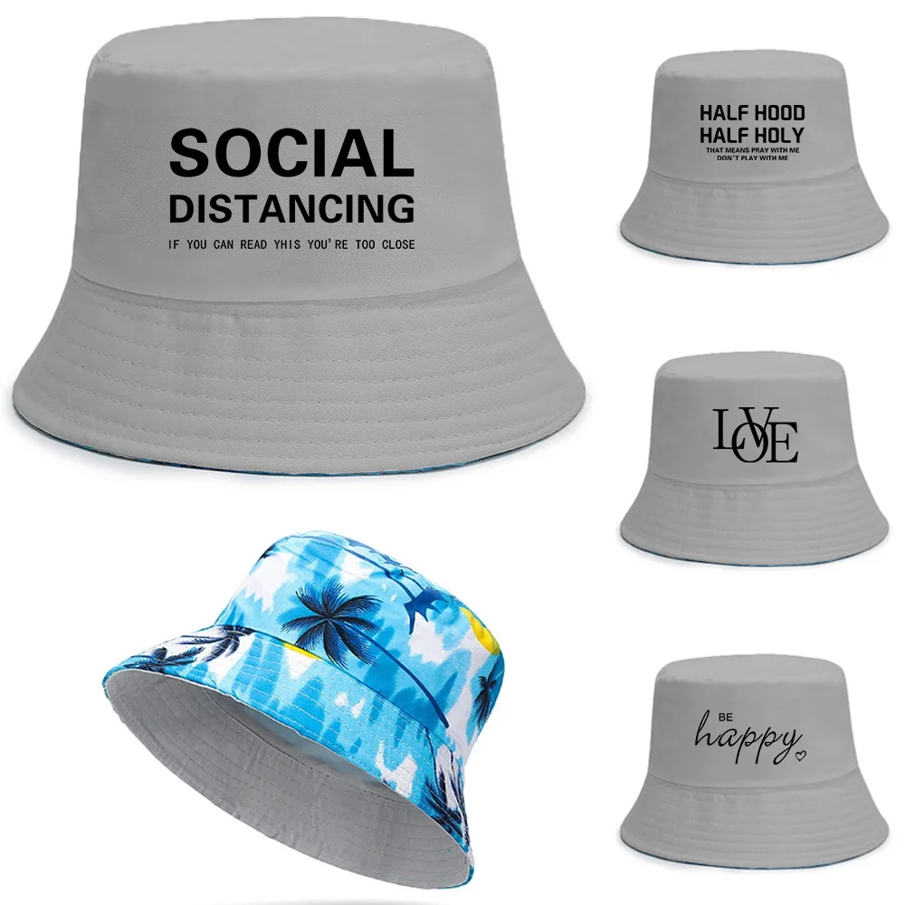 

New Double-sided Wear Fishing Hat Bucket Hats Boys/Girls Outdoot Text Series Print Fisherman Cap Summer Women Men Travel Hat