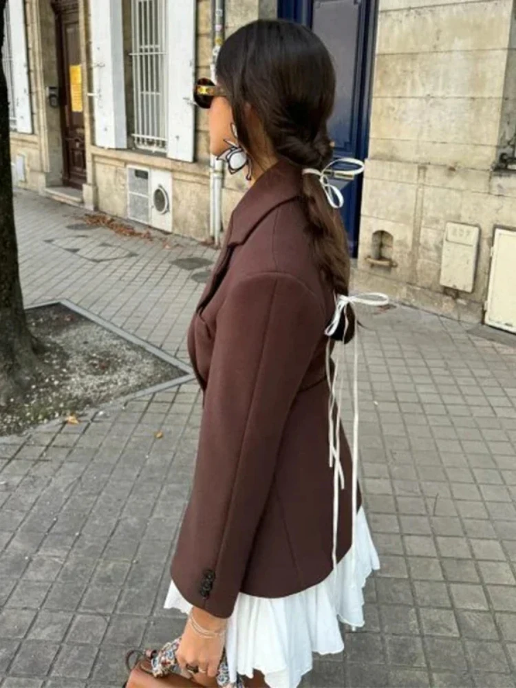 ZBZA Women's Slim Waist Retro Blazer Jacket Lapel Long-sleeved