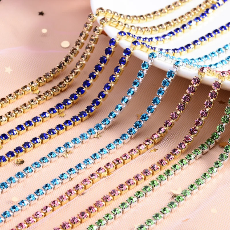 

All colours 10Yards DIY Rhinestone Chain Dense Gold bottom sewing Rhinestones for clothing Art Decoration