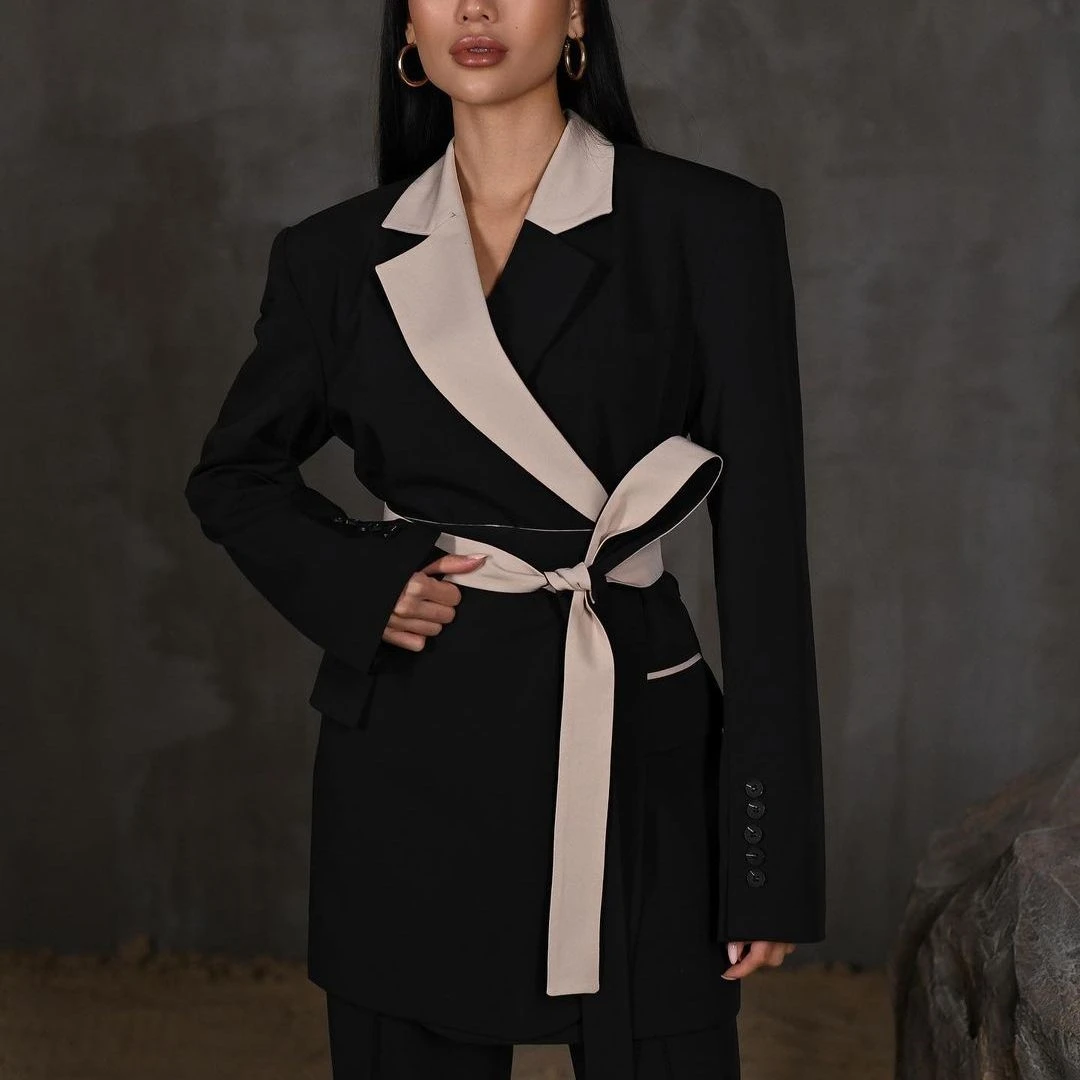 Fashion Black Women Suits 2 Pieces Spliced Formal With Belt Blazer Pants Peaked Lapel Plus Size Custom Made Mother Of The Bride