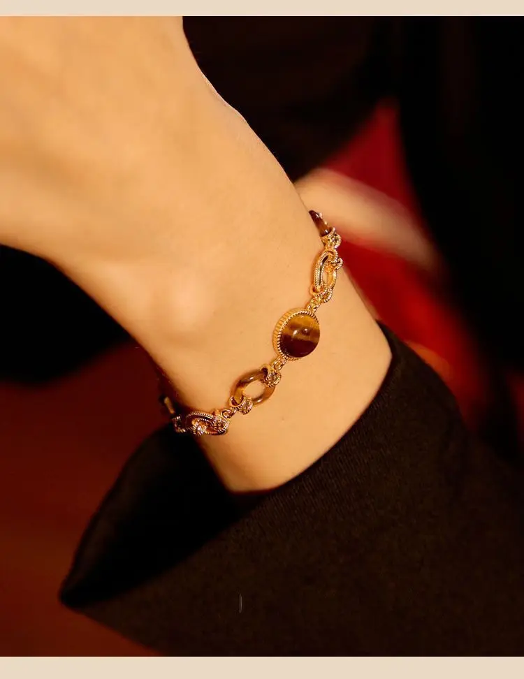 Ins Fashion 925 Silver Natural Tiger Cat's Eye Bangle Crystal Gemstone Adjustable Chain Bracelet Female Bijoux 9k Gold Jewelry