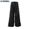 Lightning  Embroidery Jeans Mens High Street Washed Distressed Loose Wide leg Denim Pants Men Trousers 2