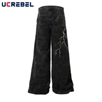 Lightning  Embroidery Jeans Mens High Street Washed Distressed Loose Wide leg Denim Pants Men Trousers 2